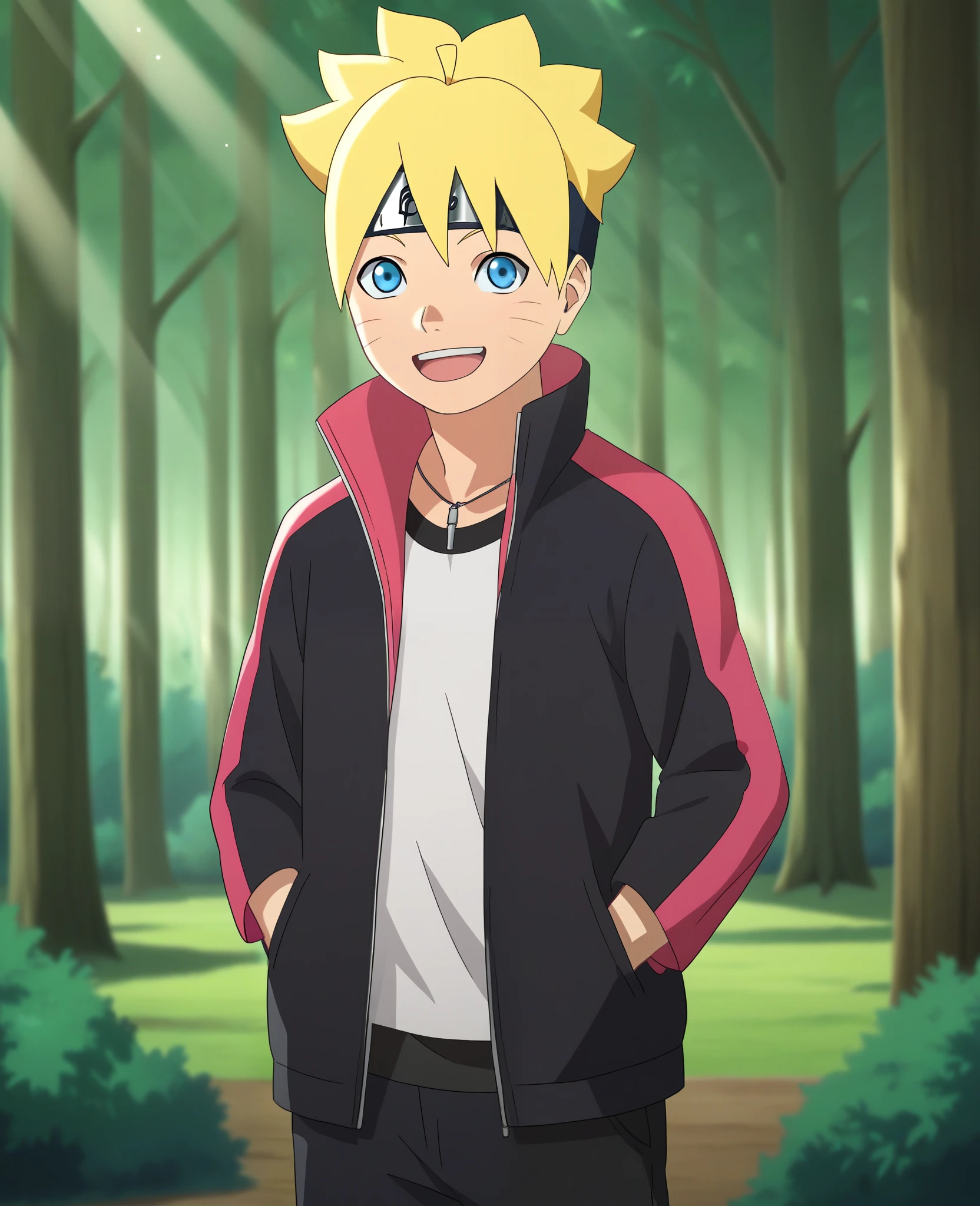 score_9, score_8, score_9, BREAK,, solo, male , boruto, blond hair, blue eyes, open jacket, hands in pockets, open smile, outdoors, forest, sunlight, shadows, natural lighting
