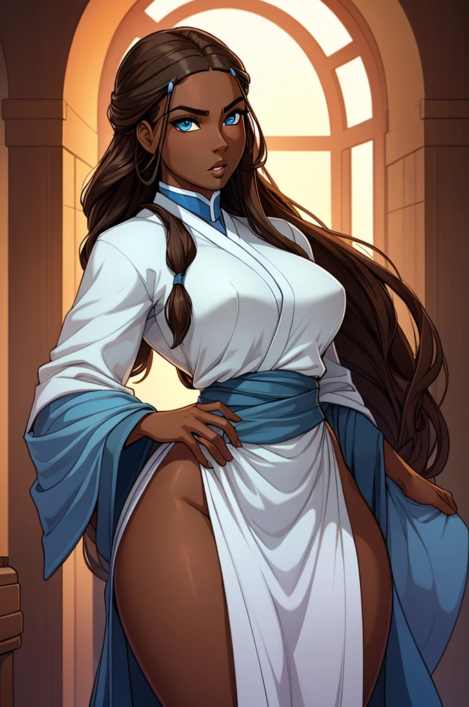 ((ultra quality)), ((masterpiece)), Katara, ((brown-haired long hair)), (Beautiful face), (beautiful female lips), (), charming, ((sexy facial expression)), looks at the camera, (dark skin color), (dark skin), glare on the body, ((Detailed eyes)), ((Dark blue eyes)), (juicy female lips), (brown lips), (dark eyeliner), (beautiful female hands), ((ideal female figure)), ideal female body, beautiful waist, beautiful hips, medium breasts, ((subtle and beautiful)), A seductive stance (close up of face), (dressed in Katara&#39;s clothes) background: beautiful forest near the river, ((depth of field)), ((high quality clear image)), (clear details), ((high detail)), realistically, professional photo session, ((Clear Focus))
