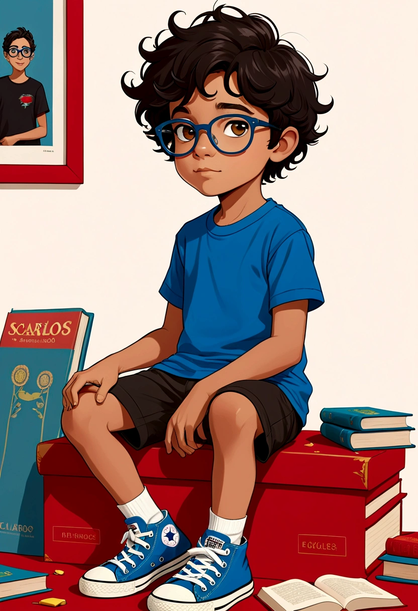 desenhar um menino de 6 anos, book illustration style, simples, fofo, fundo branco. pele branca, cabelos castanhos claro com tons de loiro, cabelos muito longos e lisos, red frame glasses.   olhos escuros. vestindo camiseta branca sem detalhes e short preto simples. Blue All Star Sneakers.