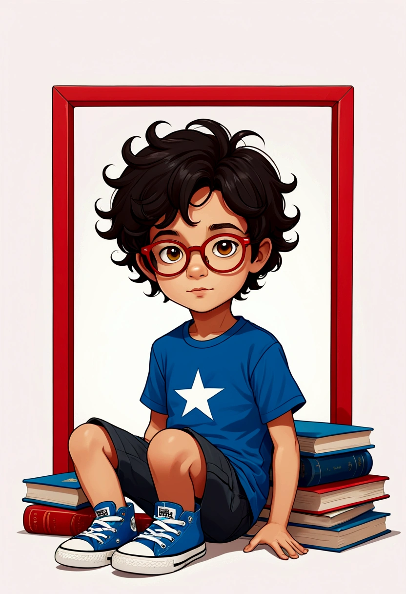 desenhar um menino de 6 anos, book illustration style, simples, fofo, fundo branco. pele branca, cabelos castanhos claro com tons de loiro, cabelos muito longos e lisos, red frame glasses. olhos escuros. vestindo camiseta branca sem detalhes e short preto simples. Blue All Star Sneakers.