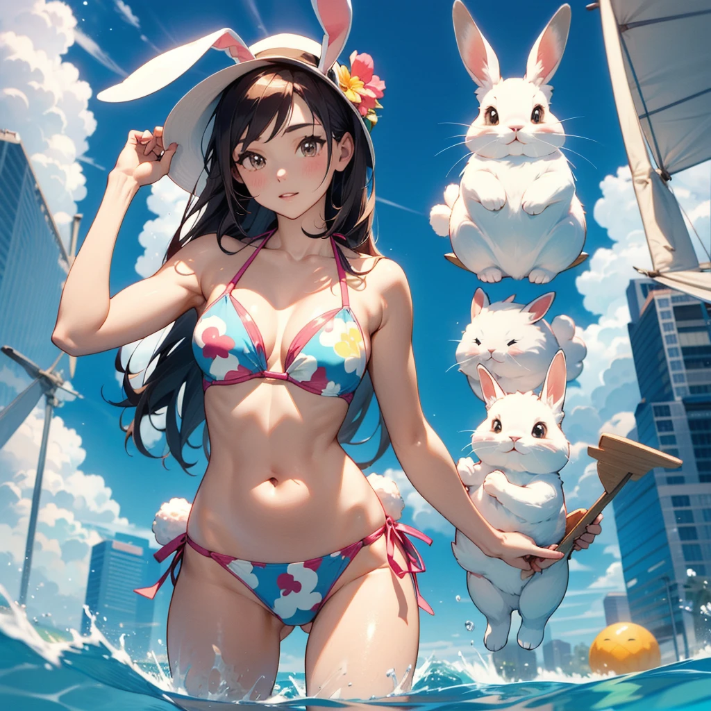 Bunny woman in bikini、She has a realistic rabbit face but a human body.、grotesque