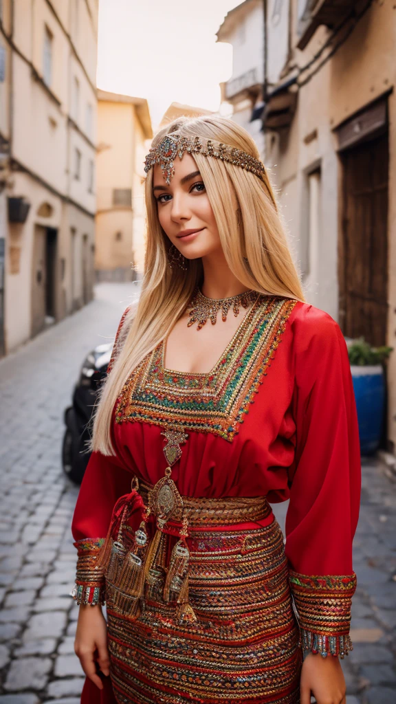 Most beautiful german blonde lady, wearing kabyle robe, kabyledress, amazigh, berber, kabyleoitfits, bijoux, street background, realistic,4k, professional, red