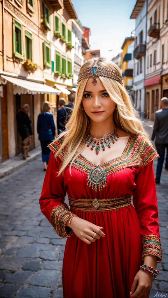 Most beautiful german blonde lady, wearing kabyle robe, kabyledress, amazigh, berber, kabyleoitfits, bijoux, street background, realistic,4k, professional, red