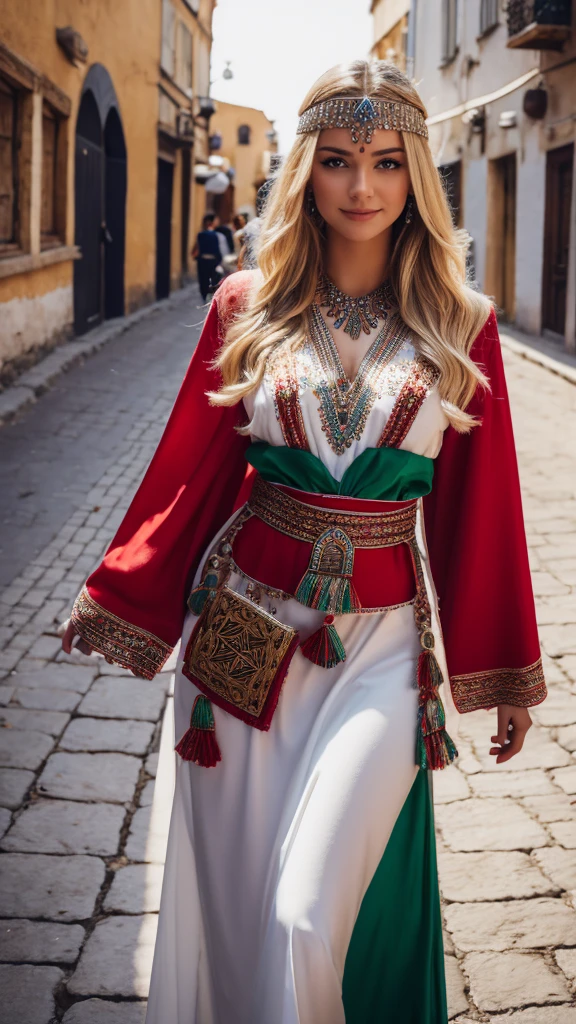 Most beautiful german blonde lady, wearing kabyle robe, kabyledress, amazigh, berber, kabyleoitfits, bijoux, street background, realistic,4k, professional, red