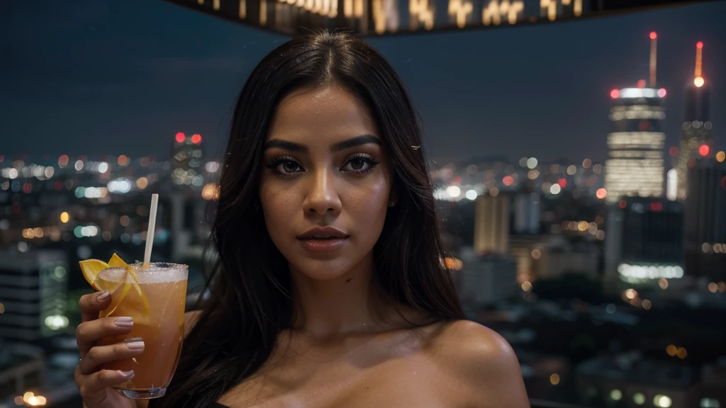 a stunning latin woman, beautiful detailed eyes,beautiful detailed lips,extremely detailed eyes and face,longeyelashes, holding a cocktail drink, night cityscape of são paulo with skyscrapers and city lights, stunning cinematic lighting, dramatic shadows, hyper detailed, award winning photo, masterpiece
