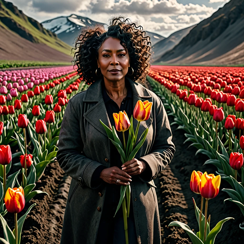 A middle-aged black woman with curly hair holding a tulip growing in the middle of an inhospitable place, cinematic scene, ultra detailed, ultra quality, 8K, masterpiece