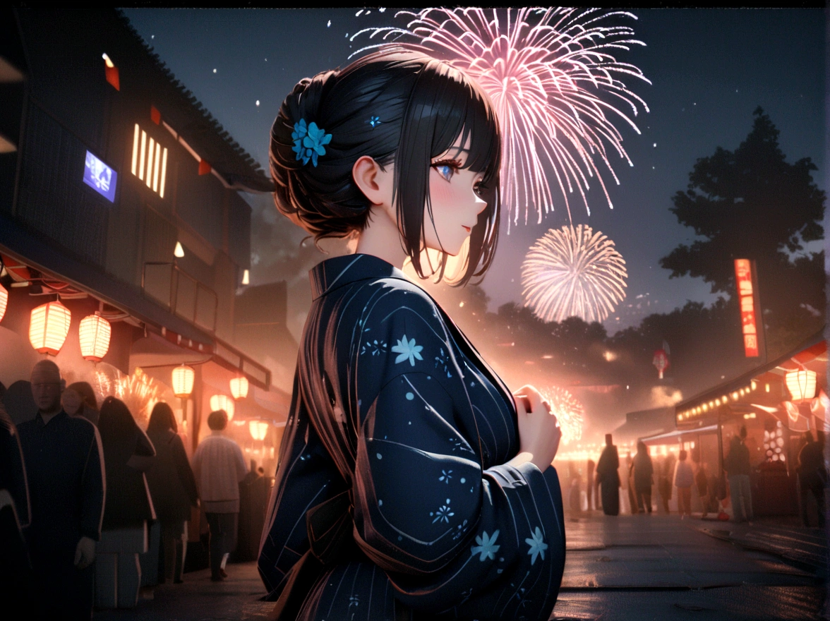 Personal point of view, young beautiful woman, fireworks festival in a yukata, professional color grading, perfect, 8K, ultra-detailed, Octane render, Unreal Engine, style of Makoto Shinkai,