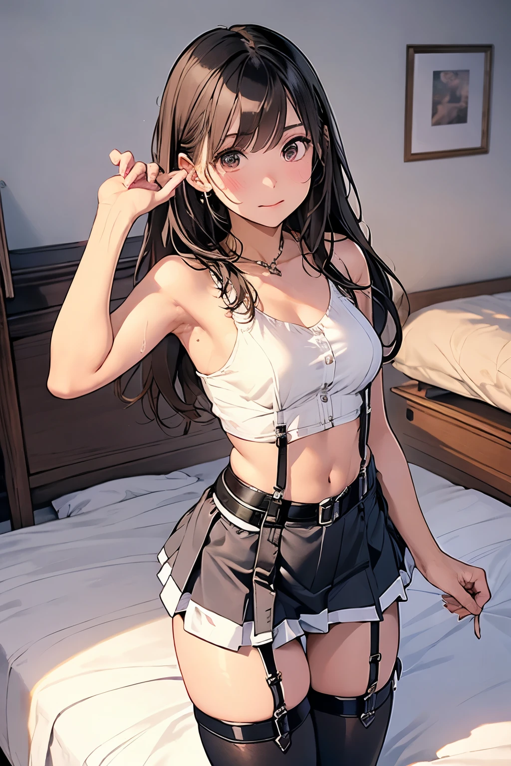 Staring at the audience　　　Black suspenders　　　bulging big breasts　　 　 　　　wall 　mini skirt　garterbelt　garter　　　　　　sight　　　Small face　 　　　holster　　　Beautiful woman　　Show your hand　　 Lying in bed　　sight 　　Taunt　side　side汗 　arm　　belt　summer　Armpit sweat　Put your hands up
