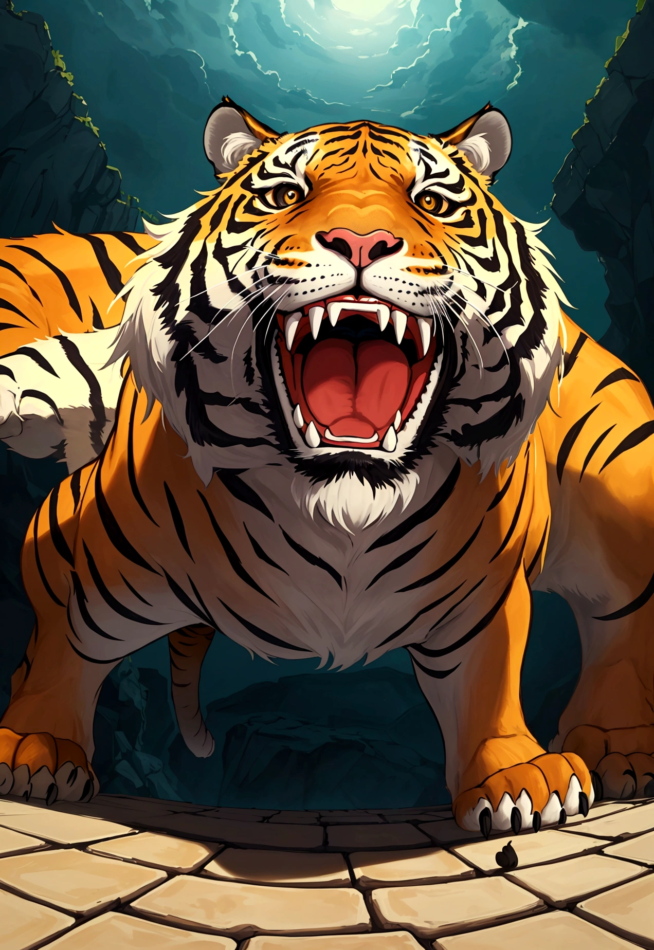 
"Create an image from the perspective of a tiger trapped in a pit, looking up. The viewpoint should be from the bottom of the pit, showing the tiger's gaze upward. Above the pit, there should be a man and a rabbit looking down at the tiger."