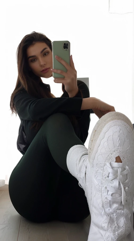 there is a woman sitting on the floor taking a photo of herself, green background, aesthetics, a girl taking a photo in the mirror in her room, make sure she is very beautiful, she has a realistic skin texture and a fit and well body toned, slightly large breasts, sexy, big ass. ultra hd quality