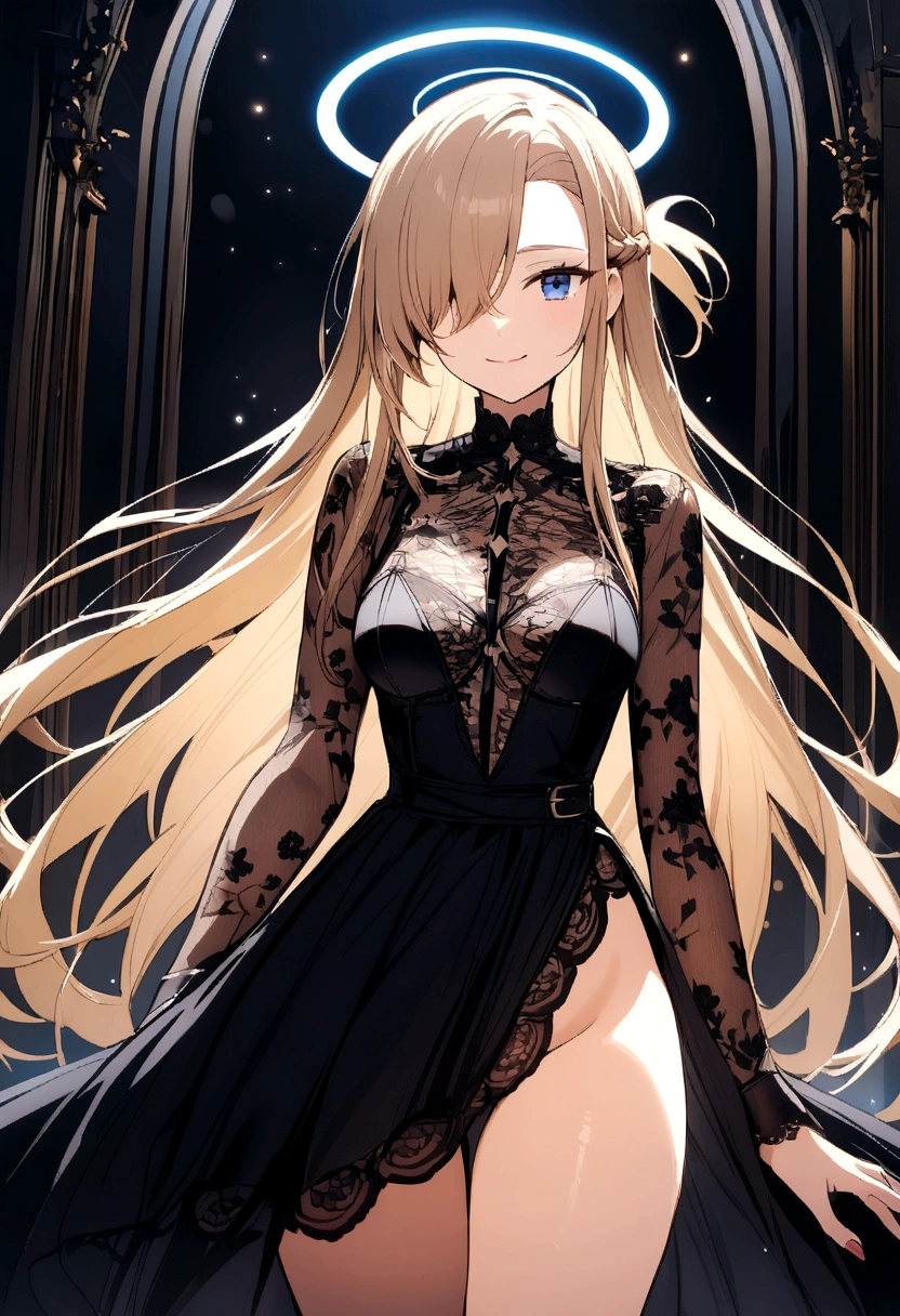 A girl is modeling, lingerie show, lacy garment, strutting down the catwalk, cowboy shot, under the dazzling runway lights,
looking at viewer, light_smile, solo,
asuna ba, light_brown_hair, halo, long_hair, blue_eyes, very long hair, hair over one eyes,
(open_clothes, partial_nudity)