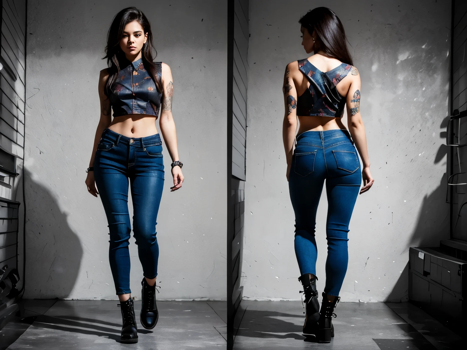 A front and back full body view of a female model in a punk-inspired outfit. The girl is depicted in a playful and vibrant manner, similar to the style shown in the reference image. She wears a High-waisted jeans with a crop top, flannel shirt, and combat boots. Her hair is styled in edgy punk manner, and she has a friendly and approachable expression. The front view shows her standing confidently, while the back view highlights the details of her outfit and hairstyle. Focus on her hips. The overall design is clean and colorful. Highly detailed, 8k, smooth, sharp focus, trending on artstation, digital painting, by Stanley Artgerm Lau, WLOP, Rossdraws, James Jean, Andrei Riabovitchev, Marc Simonetti, and Sakimichan,