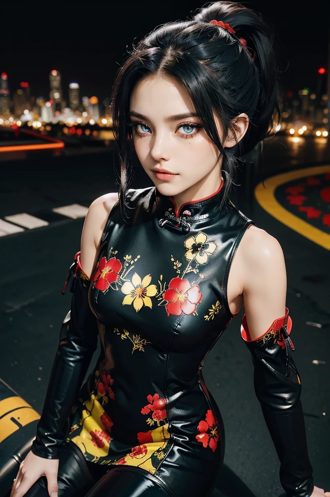 (RAW photo, best quality), Cute girl with short black hair, (ponytail), (city roof at night background), low light , green eyes , dark eyeliner, innocent smile, gorgeous face , super cute, 18 years old , young looking, hyper detailed face, dark eyeliner, (medium breast), (thin waist, super slender), (bare shoulders, (bare hips), black and red PVC mini dress with yellow flower decoration and vivid red patterns, qipao, deep black leather thigh high boots, black and red PVC arm sleeves with yellow flower decorations and vivid red patterns