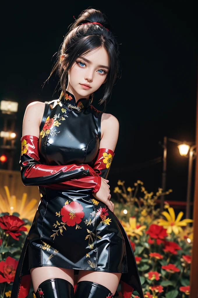 (RAW photo, best quality), Cute girl with short black hair, (ponytail), (city roof at night background), low light , green eyes , dark eyeliner, innocent smile, gorgeous face , super cute, 18 years old , young looking, hyper detailed face, dark eyeliner, (medium breast), (thin waist, super slender), (bare shoulders, (bare hips), black and red PVC mini dress with yellow flower decoration and vivid red patterns, qipao, deep black leather thigh high boots, black and red PVC arm sleeves with yellow flower decorations and vivid red patterns