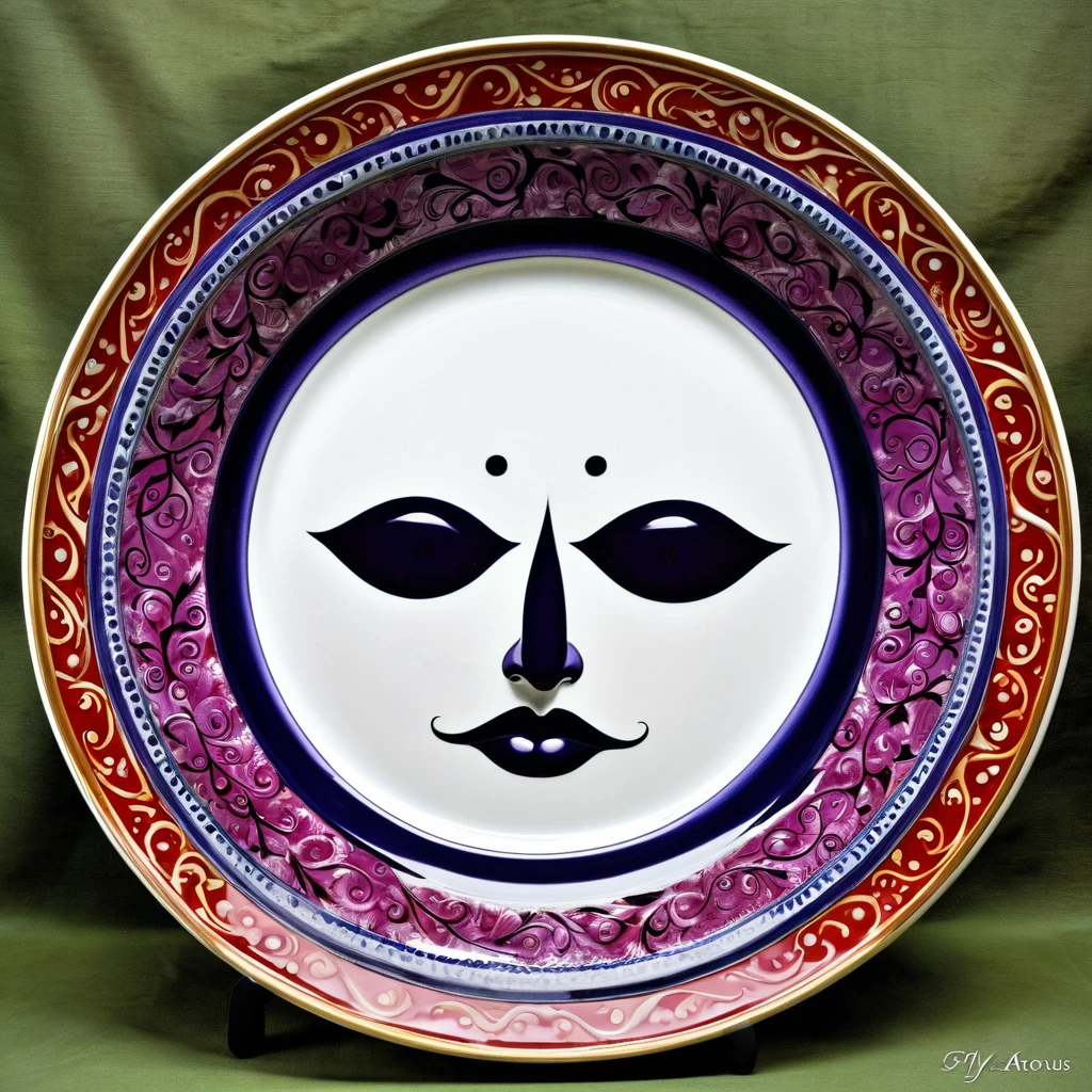 [WHITE BORDER][: art Italian Majolica Giorgio Andreoli,  print ON A metalic PLATE, ((Mordecai-Ardon style!))magic naive art, primitivism, protogen, crimson/liliac::16]:[lining porcelain plate (Yuri Arkus style),
 RAW, USD, Nikon D3X, HTF, ISO200, f/2,870mm], (best quality, Masterpiece: 1.2), (best quality: 1.0), (hyperrealism), grotesque, 
bright design