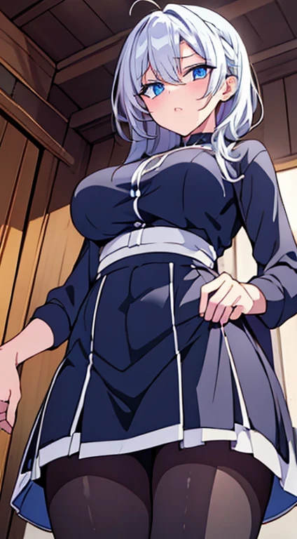 (melhor qualidade,ultra-detalhado,illustration,Obra de arte:1.2), 1 mulher, Maduro, detailed facial features, cabelo solto, serene expression, elegante , confortable clothes, soft lighting, cores vibrantes, peaceful atmosphere, skirt to the waist, wearing pantyhose, seios largos, magra
