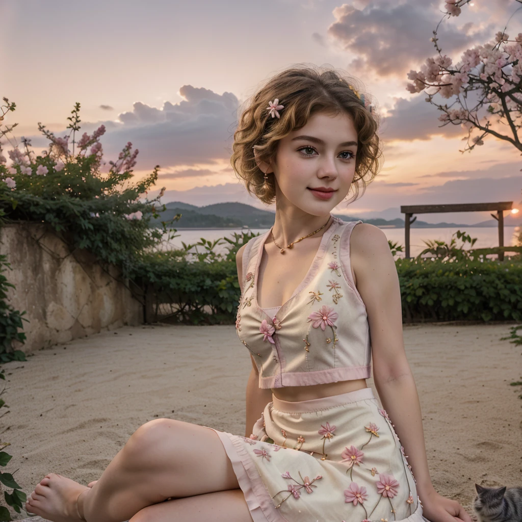 Masterpiece, Best quality, high resolution, realistic , hyperrealism , lifelike photography ,2024s, , alluring beautiful full body shot, (curly blondish brunette long hair, blue beautiful eyes), white skin with freckles,((( beautiful short cut naughty vest with flower embroidery mini skirt ))), beautiful golden necklaces & bracelets, elegant bearing, beautiful landscape background of a rose & lilac orchid garden, high budget , beautiful mesmerizing face and small nose, long and curly sparkling hair , holding a beautiful orange stray cat , clivage , sunset , pink clouds , yellowish red rays at the horizon, elegant posing, beautiful legs, fit body, gorgeous Russian woman standing and naughty posing at the lagoon shores, back shot, side shot , front shot, blue lagoon , full body shot at the frame , naughty smile , deep cut dress,(( very short skirt)) ,windy summer breeze , reasonable naked body parts, reasonable nudity ,((((cute cats sitting around her)))), naughty girl , very cute smile, bra and underwear is seen ,(( lingerie )) , 25 years old blonde fresh looking Russian girl , high energy