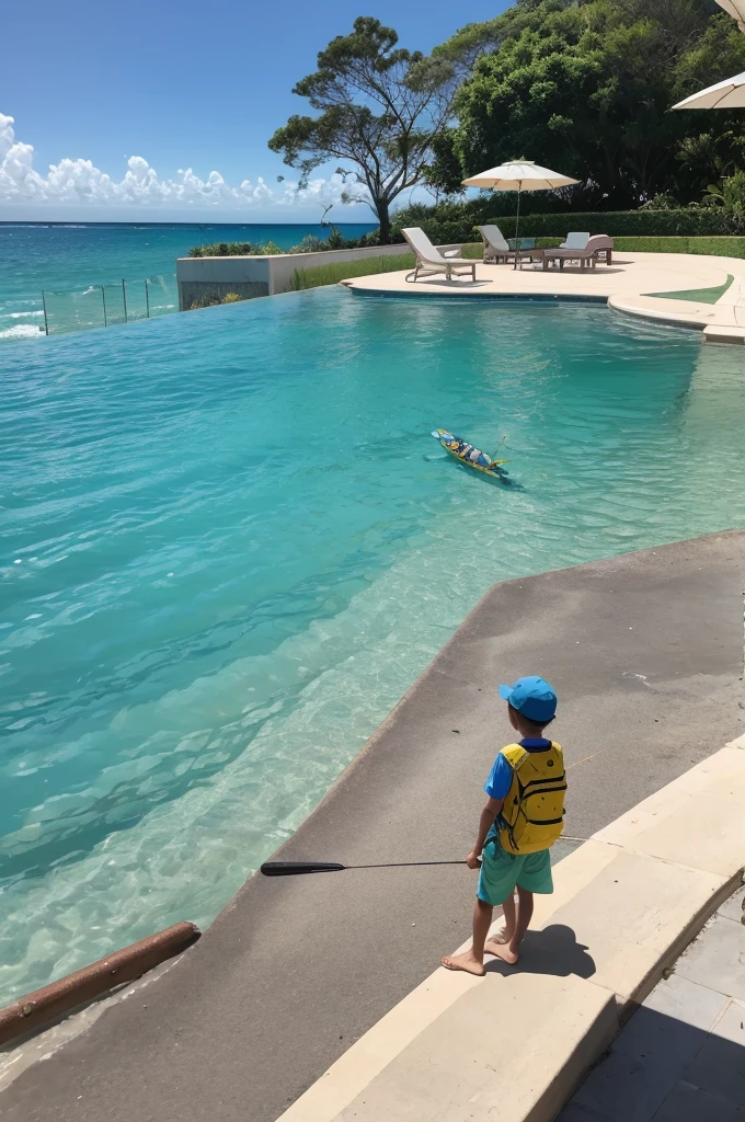 Pescador de bermuda e chinelo pescando em uma piscina