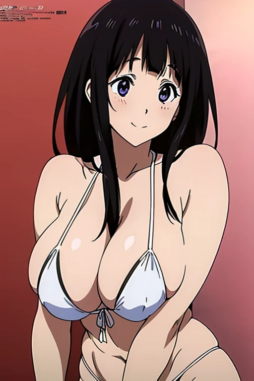 (anime cels style, megami magazine, poster style, best quality, high resolution, sharp image, 8k wallpaper, masterpiece), (beautiful detailed eyes, beautiful detailed face), Chitanda Eru, (black hair, long hair), blush, smile, (huge breasts), white bikini, (cowboy shot, standing), simple background, (perfect detailed anatomy, perfect detailed body, perfect arms, perfect fingers, shiny skin)