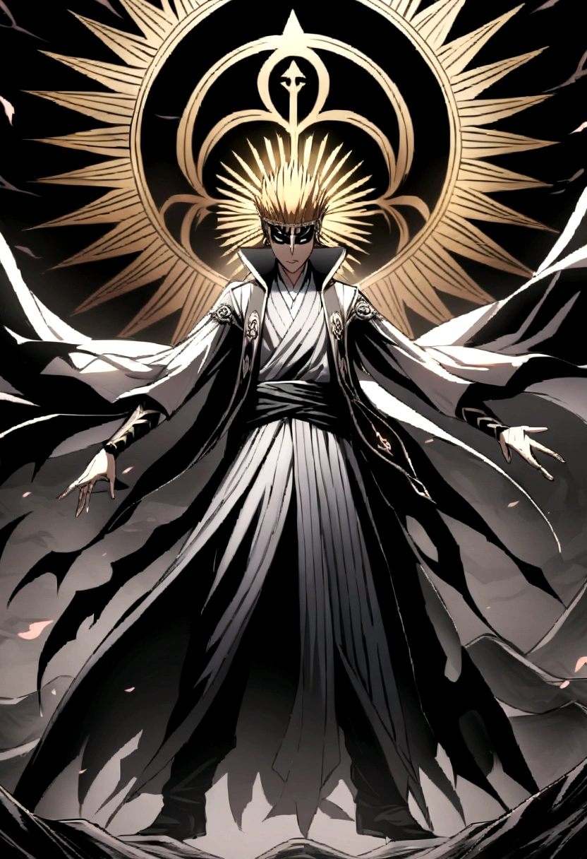 Imagine a poster that captures the essence of camaraderie and conflict in the world of “Bleach.” At the forefront, Ichigo Kurosaki stands in his Bankai form, his expression determined, with Zangetsu poised for action. Surrounding him are the key Soul Reapers, each in a battle-ready stance, showcasing their unique Zanpakuto and abilities.
The backdrop is a fusion of the Soul Society’s shattered skyline and the desolate expanse of Hueco Mundo, with the Garganta’s swirling vortex bridging the two realms. The composition should be dynamic, with a play of light that highlights the characters against the darker, ominous background.
Incorporate symbolic elements subtly throughout the design: Ichigo’s Hollow mask to signify his inner struggle, Byakuya’s sakura petals to represent his grace in battle, and Aizen’s butterflies to symbolize deception and transformation.
Use bold, vibrant colors to bring life to the characters and setting, while maintaining a sense of unity across the diverse elements. The tagline “Protecting souls, one slash at a time,” or your chosen quote from “Bleach,” should be integrated into the design in a way that complements the overall aesthetic.