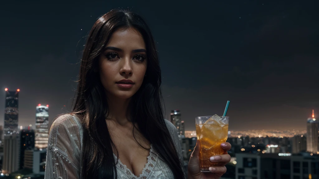 a beautiful latin woman, beautiful detailed eyes, beautiful detailed lips, extremely detailed face and features, long eyelashes, holding a drink, night landscape in sao paulo, cityscape, skyscrapers, starry sky, moody lighting, cinematic, dramatic, hyper realistic, 8k, high quality, photorealistic, award winning digital art