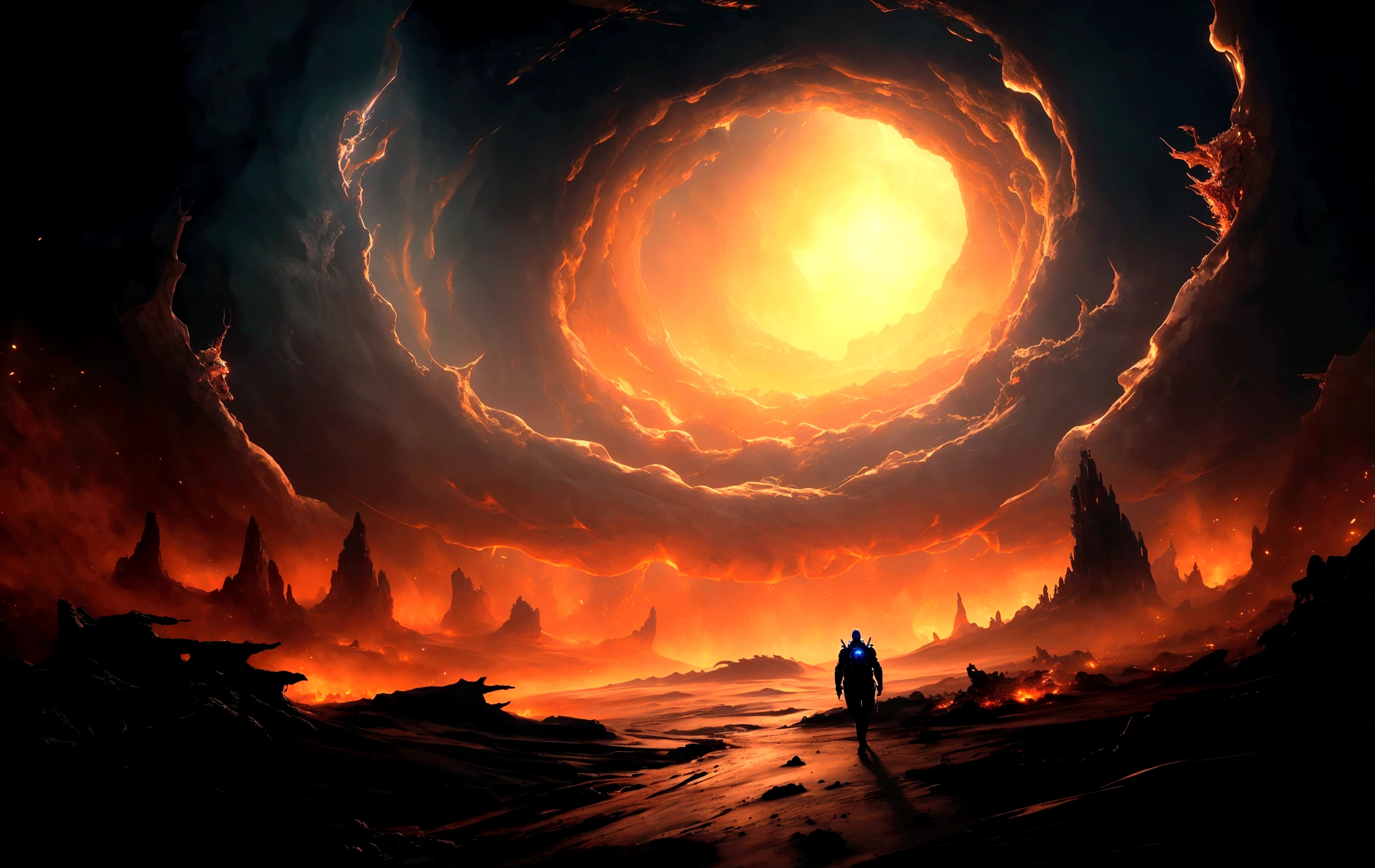 um homem em frente a uma estrutura gigante em forma de espiral, epic fantasy science fiction illustration, Greg Beeple, epic science fiction fantasy art, science fiction art, science fiction art sombria, epic sci-fi digital art, science fiction digital art, science fiction digital art illustration, sci fi art, science fiction art, dramatic conceptual art, Arte deslumbrante em 8k