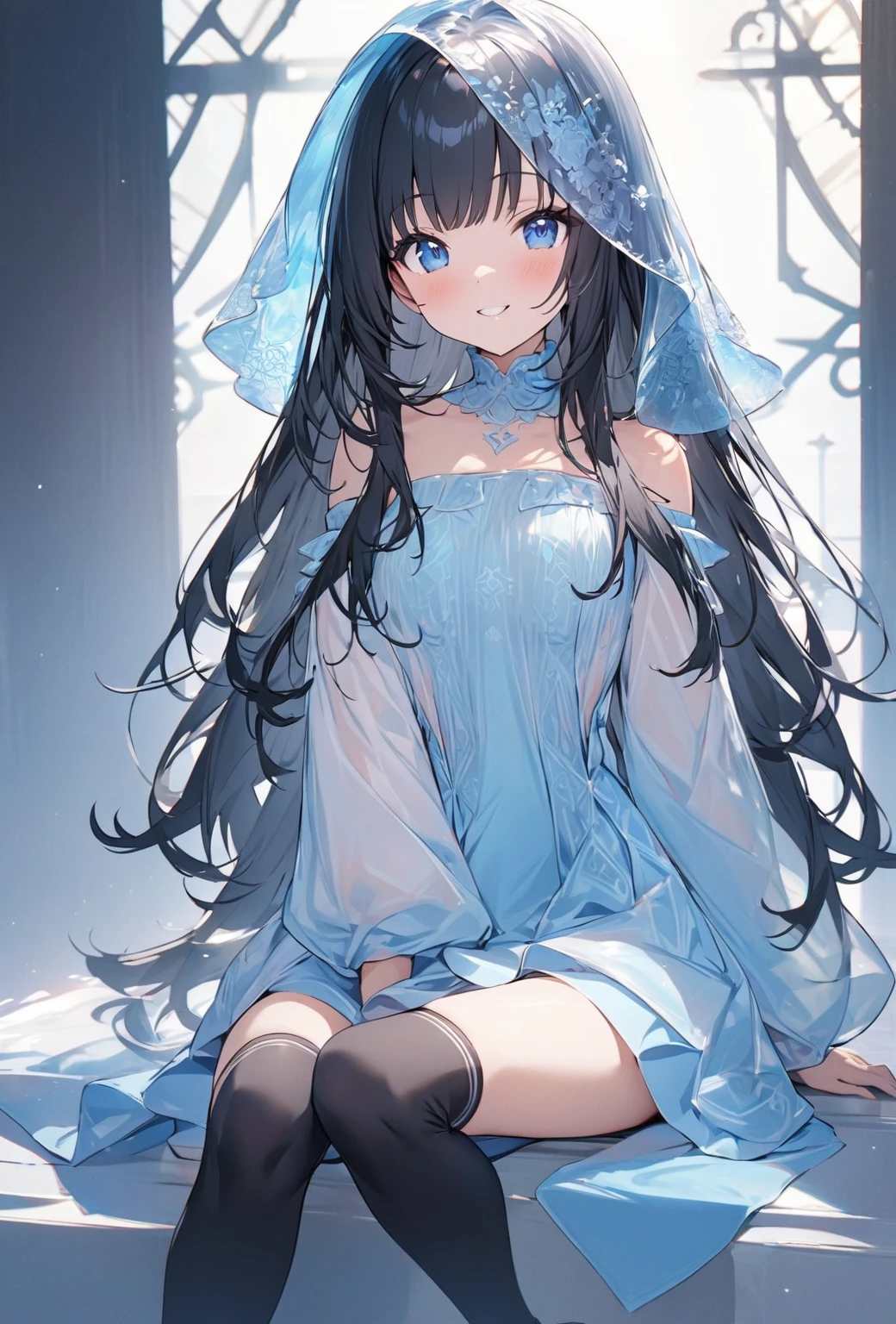 ((Highest quality)), ((masterpiece)), ((Very detailed)), (Very mature),A cute, gentle-looking female high school student with black hair and a height of about 165cm.，A female high school student with a cute smile and small breasts wearing a transparent blue waifus with a cute patterned hood and bare shoulders, alone, Cute attitude,(background(bright)，Long Hair - Straight，Knee-high socks、A transparent blue veil with a cute pattern and white hood with off-the-shoulder sleeves，White wall、Sitting、Facing the viewer、縁に模様がある壁が1面のbackground
