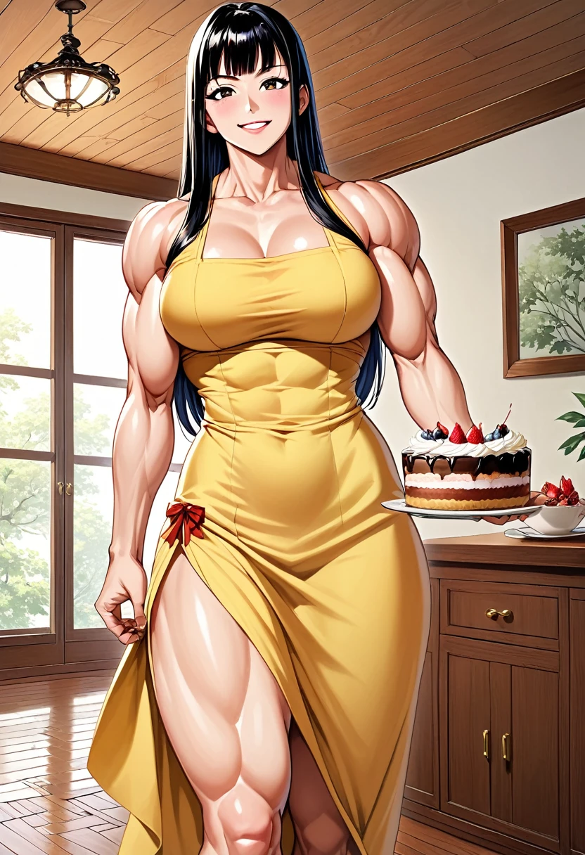 Anime, 2d anime, cartoon anime, detailed illustration, dynamic angle, ultra-detailed, illustration, 1girl, late 20’s year old, Big woman, very tall, broad shoulders, silky long black hair, muscular, tone body, a little bulky, muscular arms, wide shoulders, tall woman, happy, energetic, extroverted, broad shoulders, large muscles, night time, Evning, standing by a window , in a yellow sundress, in a nice house, living room, dark wood panel walls, dark hard wood floors, eating a slice of cake