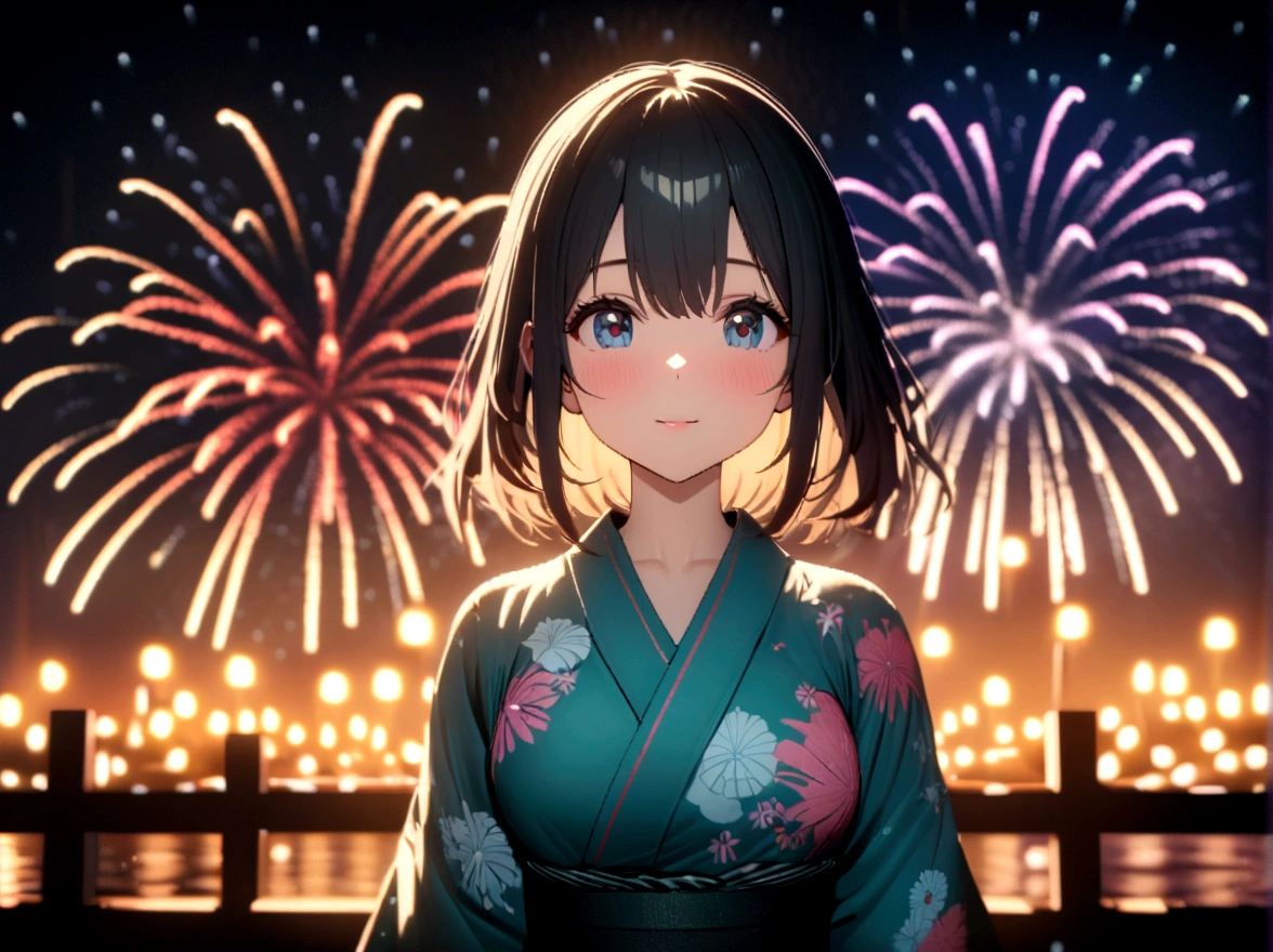 Personal point of view, young beautiful woman, fireworks festival in a yukata, professional color grading, perfect, 8K, ultra-detailed, Octane render, Unreal Engine, style of Makoto Shinkai,