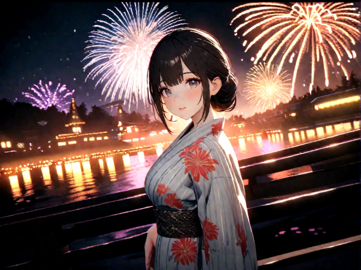 Personal point of view, young beautiful woman, fireworks festival in a yukata, professional color grading, perfect, 8K, ultra-detailed, Octane render, Unreal Engine, style of Makoto Shinkai,