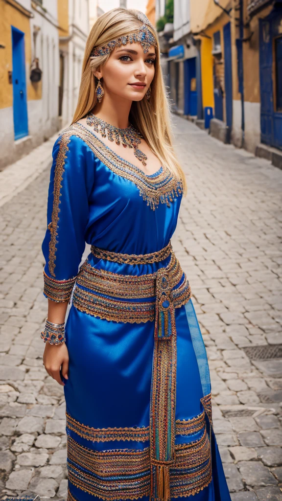 Most beautiful german blonde lady, wearing kabyle robe, kabyledress, amazigh, berber, kabyleoitfits, bijoux, street background, realistic,4k, professional, blue