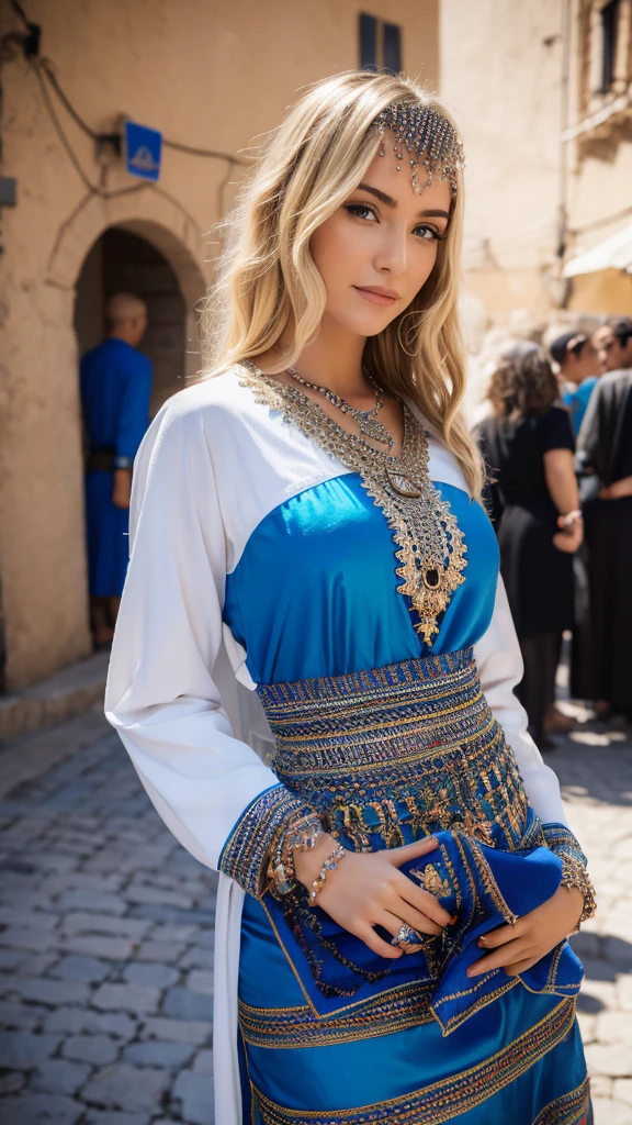 Most beautiful german blonde lady, wearing kabyle robe, kabyledress, amazigh, berber, kabyleoitfits, bijoux, street background, realistic,4k, professional, blue 