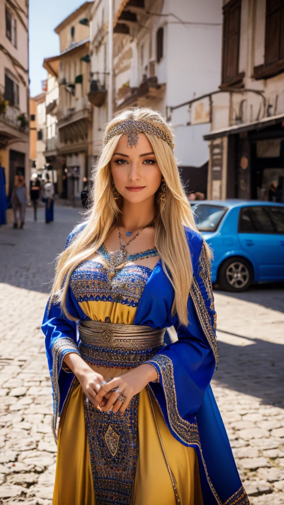 Most beautiful german blonde lady, wearing kabyle robe, kabyledress, amazigh, berber, kabyleoitfits, bijoux, street background, realistic,4k, professional, blue 