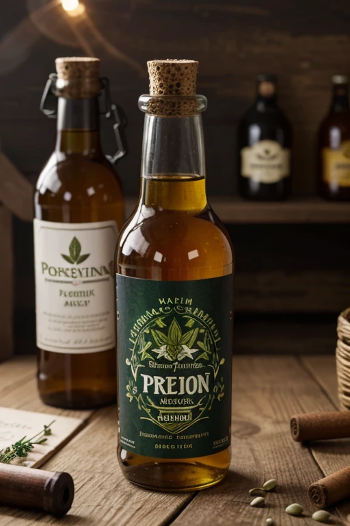 Fox brews potions, herbal alcohol design label for bottle drawing of herbal ingredients on bottle drawing detailed