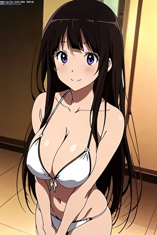 (anime cels style, megami magazine, poster style, best quality, high resolution, sharp image, 8k wallpaper, masterpiece), (beautiful detailed eyes, beautiful detailed face), Chitanda Eru, (black hair, long hair), blush, smile, (huge breasts), white bikini, (cowboy shot, standing), simple background, (perfect detailed anatomy, perfect detailed body, perfect arms, perfect fingers, shiny skin)