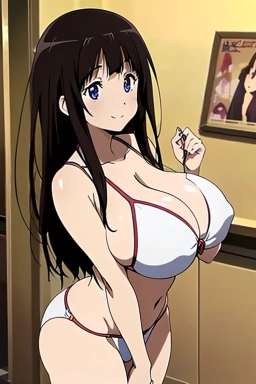 (anime cels style, megami magazine, poster style, best quality, high resolution, sharp image, 8k wallpaper, masterpiece), (beautiful detailed eyes, beautiful detailed face), Chitanda Eru, (black hair, long hair), blush, smile, (), white , (cowboy shot, standing), simple background, (perfect detailed , perfect detailed body, perfect arms, perfect fingers, shiny skin)