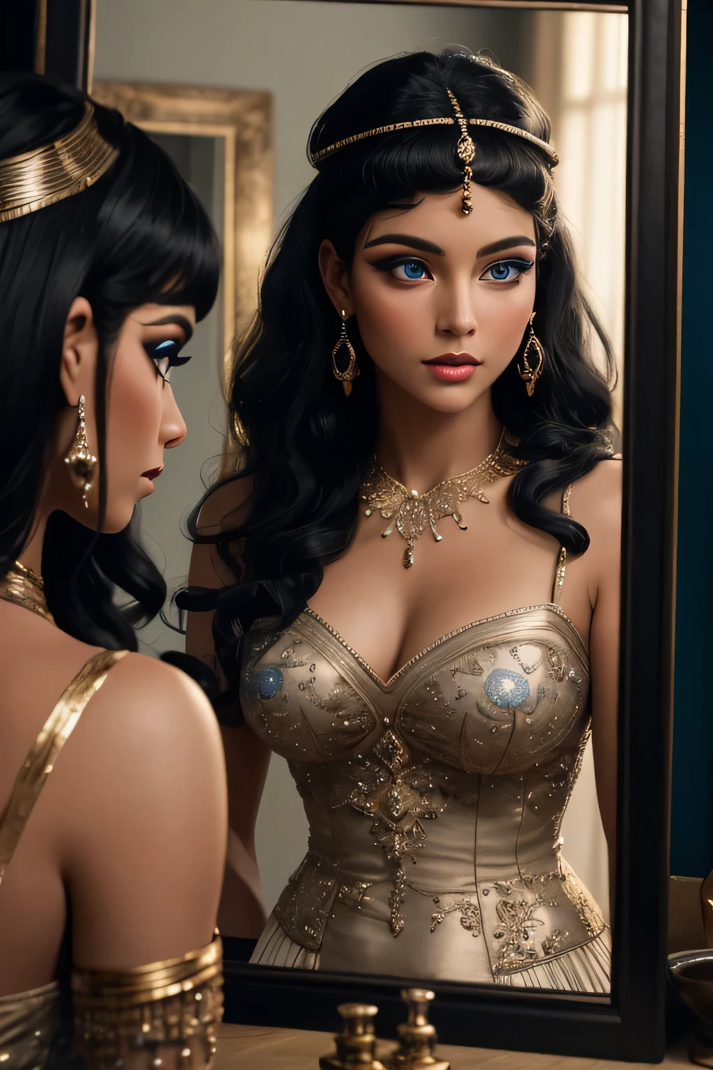 a woman with blue eyes, long eyelashes, and black cleopatra-style hair, looking at herself in a mirror, highly detailed, cinematic lighting, elegant, classic fashion style, intricate details, photorealistic, 8k, masterpiece