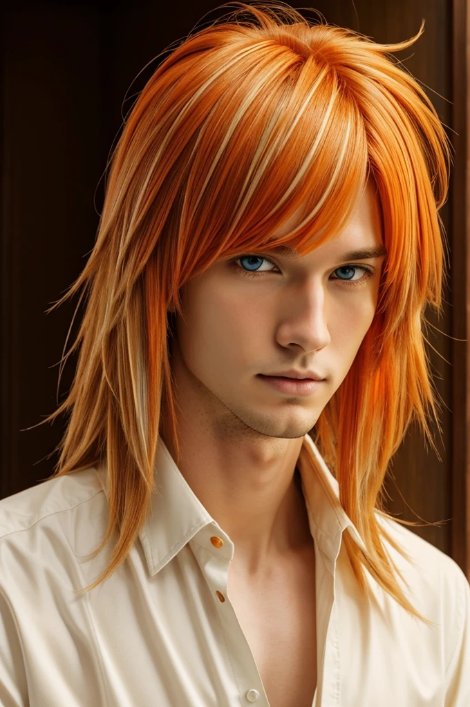 a tall handsome boy with long orange-blond hair with white highlights and orange eyes wearing a japanese and a broken a red halo in a anime style