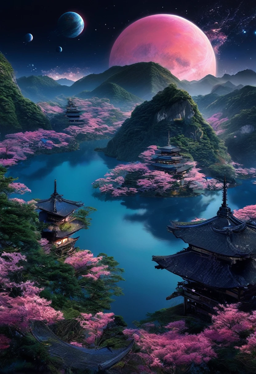 This image is、Detailed fantasy art depicting dreamy, otherworldly landscapes.。The elements are explained in detail below：

### Central figure - **clothing**: A young woman wearing a sailor uniform stands in the center.。彼女の制服はwhiteと紺色で、Traditional Japanese  design.。redいスカーフが胸元に結ばれています。
- **Hairstyle**: Women's hair is long、It extends to the back。Hair tied in a ponytail、It is fastened with a ribbon。
- **posture**: She stands with her back to、Place your hands together in front of your chest.、Gazing at the landscape。

### background - **building**: 背景には巨大で壮大なbuildingが立ち並んでいます。これらのbuildingはゴシック建築のように見え、It is characterized by its tall tower.。on the other hand、Traditional Japanese temples and houses are scattered in the foreground.。
- **Natural scenery**: Lush Mountains々or tree々、色とりどりのflowerが咲き乱れる庭園が広がっています。The cherry trees are in full bloom、pinkのflowerびらが舞っています。The river flows in a beautiful blue color.、You can also see a small waterfall。
- **Sky and planets**: The sky is clear、A huge planet floats in the blue sky。The planet is similar to Earth、I can see the clouds and the sea。Also、There is another planet in the sky with rings, like Saturn.。

### Other elements - **flower**: 手前には大きく美しいflower々is in full bloom、red、white、pink、The colorful colors, including yellow, are eye-catching.。
- **buildingのディテール**: 日本の伝統的なbuildingには瓦屋根or tree製の柱が見えます。これらのbuildingは手入れが行き届いており、In harmony with the surrounding nature。

This image is、The work combines real Japanese scenery with a fantastical other world.、It offers the viewer a gateway into a fantastical world.。The detailed depiction is rich、The color contrast is vivid。