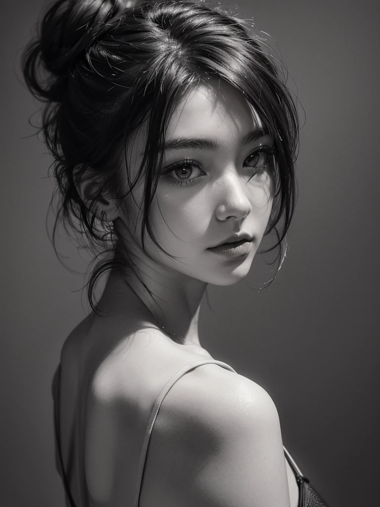 A stunning minimalist charcoal sketch of a woman with a messy bun, capturing the essence of effortless beauty. The sketch is done in a loose, expressive style, with the charcoal lines creating a sense of depth and texture. The background is simple and minimalistic, allowing the focus to remain on the subject of the sketch.