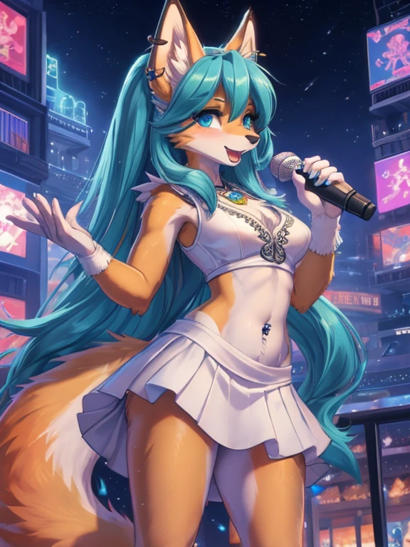 Chica anime,tennage girl 18 years old, anime style, cute hatsune miku x suicune, shy girl , Orejas de Kitsune, arte de dark natasha, city landscape, arte de vixen aztra, cuerpo completo, patas hermosas, cintura delgada, caderas amplias, navel white blouse, white&pink skirt, navel piercing, ear piercing, navel tattoo, atrevid pose, back pose, fluffly tail, sensual eyes (la mejor definicion) long hair, black flash, city party, city night life, party girl, idol girl, girl with microphone singing, deep blue eyes (HD), white&pink dress, super mega star idol, aura pura, silueta de luz, silueta radiante de luz dorada, su cuerpo brilla, best lighting in photography, fullbody picture, singing in a stadium, sensual idol teen