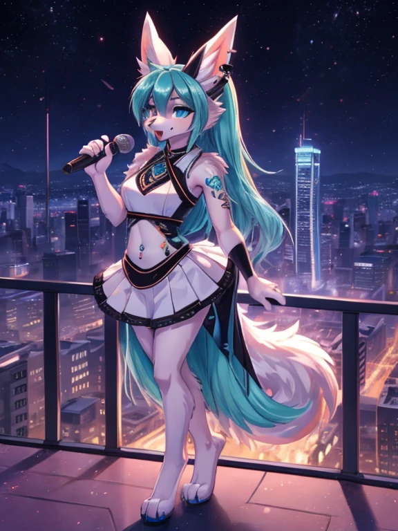 Chica anime,tennage girl 18 years old, anime style, cute hatsune miku x suicune, shy girl , Orejas de Kitsune, arte de dark natasha, city landscape, arte de vixen aztra, cuerpo completo, patas hermosas, cintura delgada, caderas amplias, navel white blouse, white&pink skirt, navel piercing, ear piercing, navel tattoo, atrevid pose, back pose, fluffly tail, sensual eyes (la mejor definicion) long hair, black flash, city party, city night life, party girl, idol girl, girl with microphone singing, deep blue eyes (HD), white&pink dress, super mega star idol, aura pura, silueta de luz, silueta radiante de luz dorada, su cuerpo brilla, best lighting in photography, fullbody picture, singing in a stadium, sensual idol teen