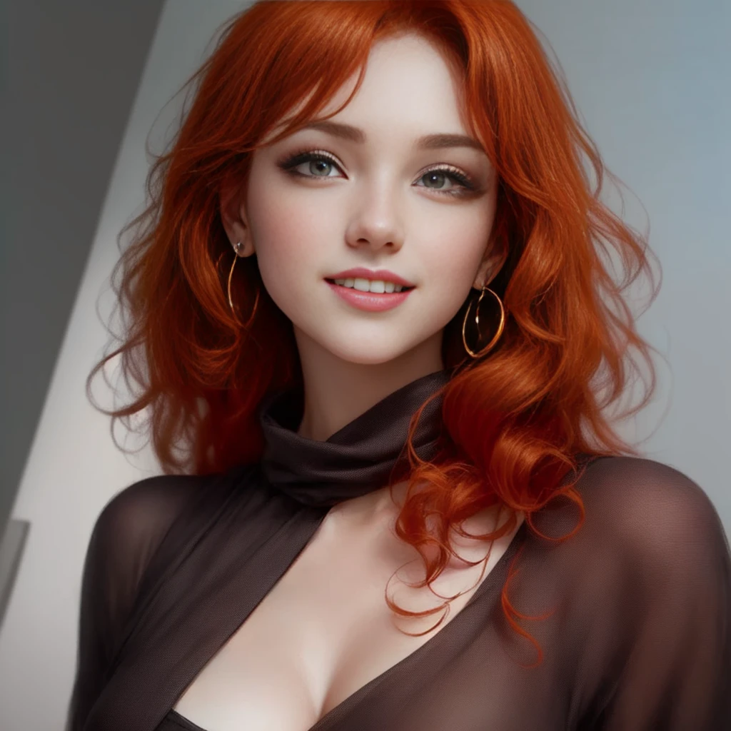 Photography, hyerealist, pretty woman, red hair, curly hair, light brown eyes, light smile, ear blush, fang, ccurate, red hair, curly hair, elegance, black cloth, crossed bangs, glowing eyes, yellow eyes, earrings, light smie, , drop shadow, anaglyph, stereogram, tachi-e, pov, atmospheric perspective, Realism, depth of field, cinematic lighting, 8k, super detail, best quality, 16k