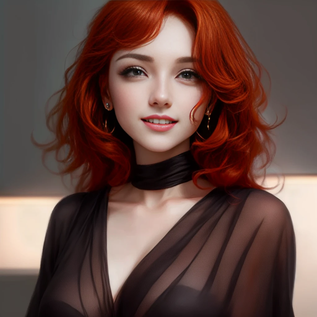 Photography, hyerealist, pretty woman, red hair, curly hair, light brown eyes, light smile, ear blush, fang, ccurate, red hair, curly hair, elegance, black cloth, crossed bangs, glowing eyes, yellow eyes, earrings, light smie, , drop shadow, anaglyph, stereogram, tachi-e, pov, atmospheric perspective, Realism, depth of field, cinematic lighting, 8k, super detail, best quality, 16k