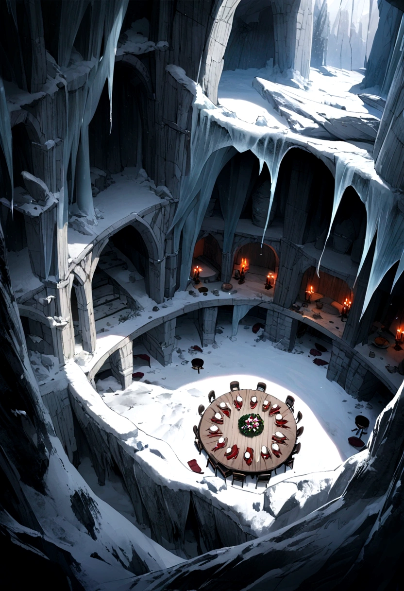 a medieval vampire-themed dining room inside a cave, full of snow and ice, seen from above