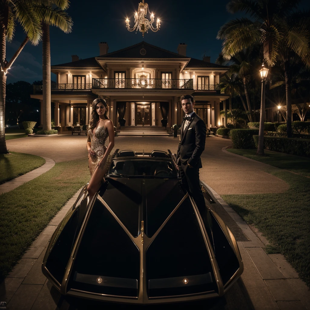 a beautiful detailed woman in a luxurious evening gown, elegant man in a tuxedo, stunning mansion, expensive luxury cars and sports motorcycles, helicopter hovering, yachts at the private pier, high-end automobiles, high-resolution, photorealistic, cinematic lighting, intricate details, dramatic composition, realistic textures, vibrant colors, elegant atmosphere