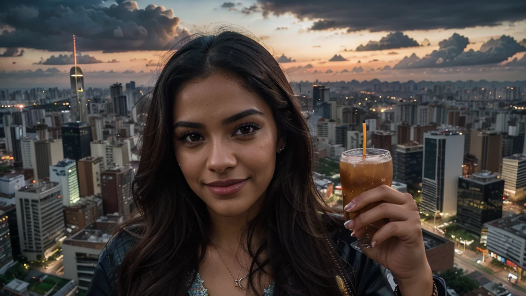 smiling latin woman,beautiful detailed eyes,beautiful detailed lips,extremely detailed face,long eyelashes,night landscape in sao paulo,cityscape,skyscraper,drink in hand,looking at horizon,cinematic lighting,warm colorful tones,dramatic clouds,photorealistic,8k,ultra-detailed,masterpiece,highly detailed,intricate,vivid colors,depth of field