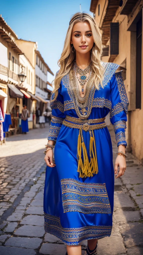 Most beautiful german blonde lady, wearing kabyle robe, kabyledress, amazigh, berber, kabyleoitfits, bijoux, street background, realistic,4k, professional, blue