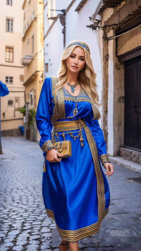 Most beautiful german blonde lady, wearing kabyle robe, kabyledress, amazigh, berber, kabyleoitfits, bijoux, street background, realistic,4k, professional, blue 