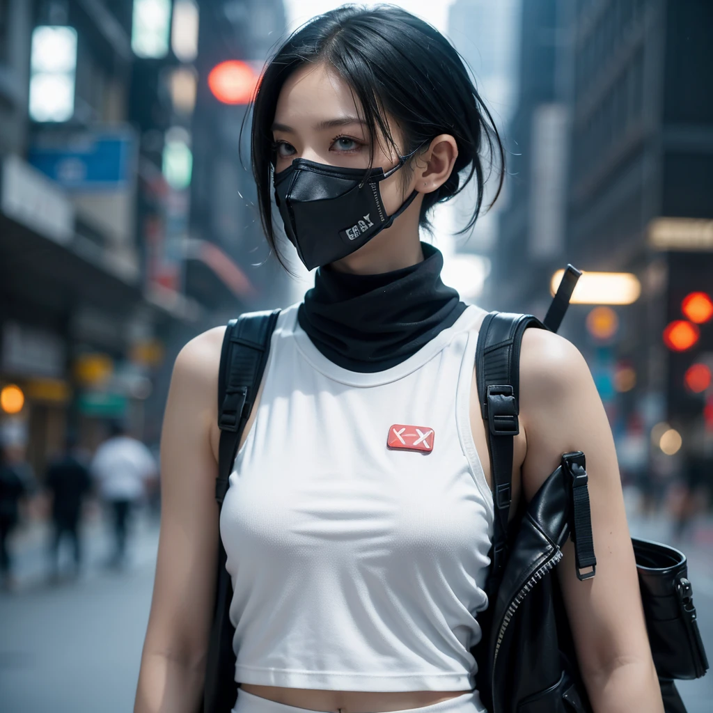 (masterpiece), best quality,1girl, short black hair, blue eyes, sexy urban techwear, white tank top, blurry background, eye focus, finger on lip, cowboy shot, huge city background, lora:GirlfriendMix2:1, zydG, looking over back, dramatic light, cinematic light, angry face, cyber masker, mouth mask, covered mouth